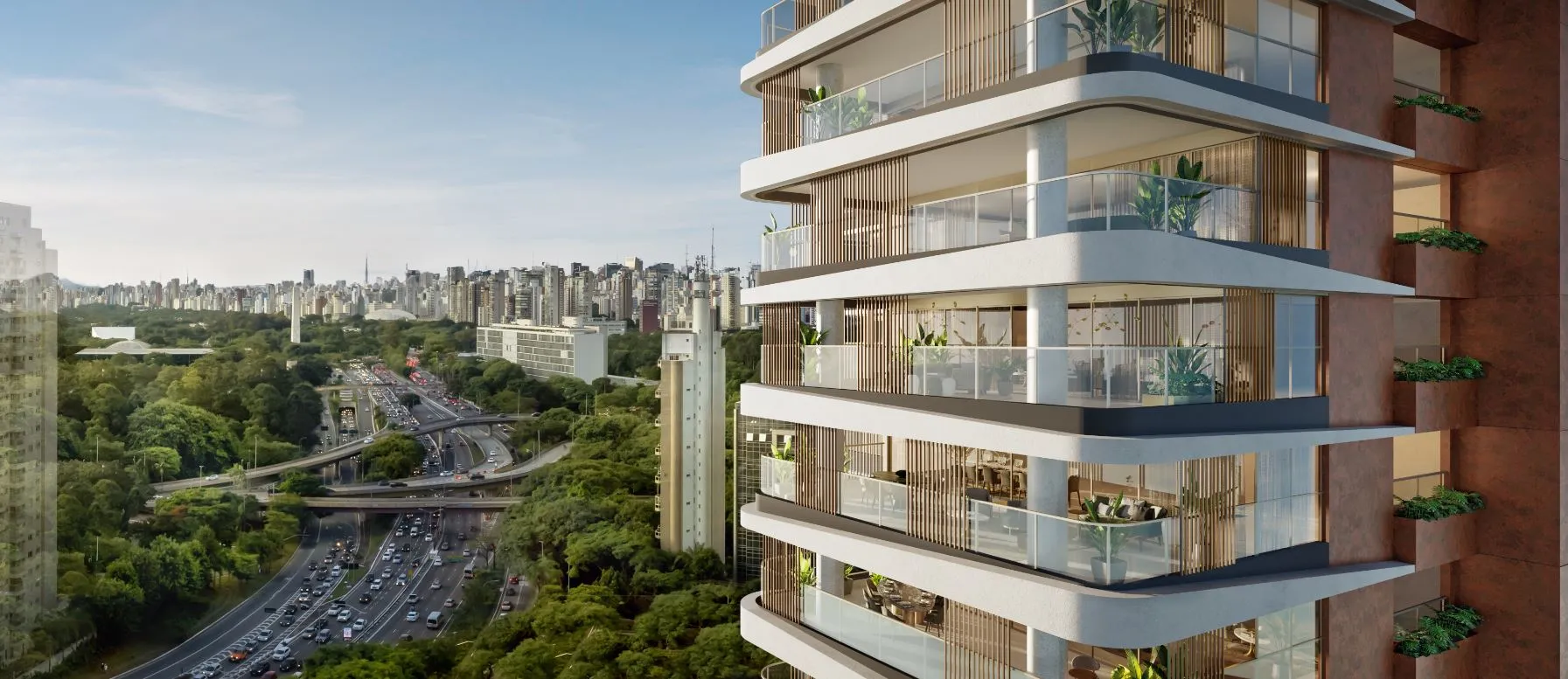 CASA IBIRAPUERA CYRELA 2 Perspectiva ilustrada da fachada da Torre 2 do CASA Ibirapuera Residences com vista para o Parque Ibirapuera e a Av. 23 de Maio, Vila Clementino, São Paulo