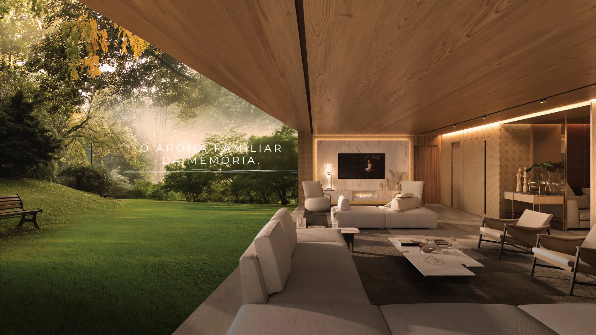 Capa do vídeo conceito do CASA Ibirapuera Residences: living com vista para o jardim, perspectiva ilustrada
